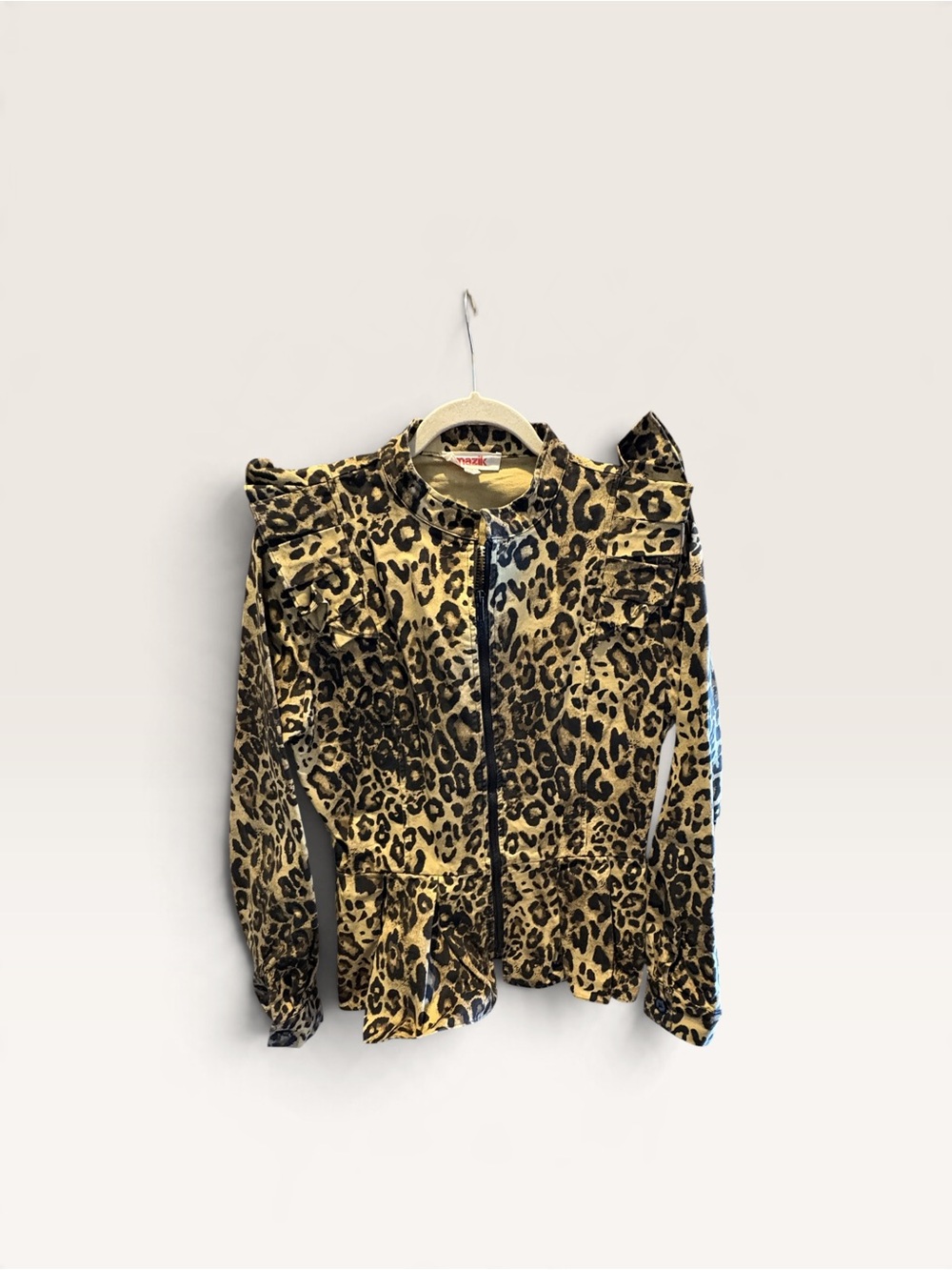 Mazik Leopard Print Ruffle Zip Jacket in Tan and Black